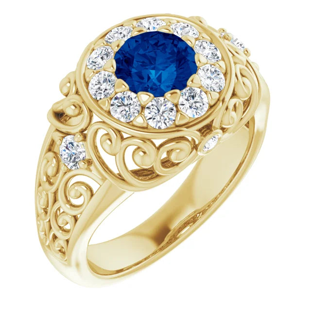 Gold  vintage ring with blue gemstone and diamond accents on a white background