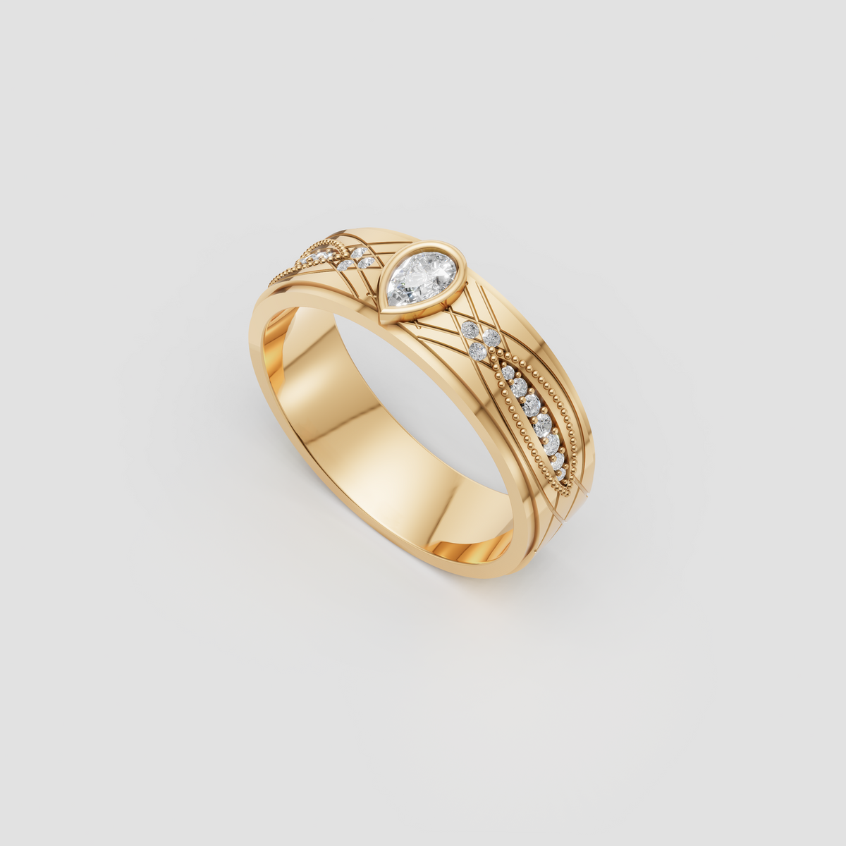Design rendering of an 18K yellow gold 7 mm men's wedding band with a bezel-set pear-cut lab-grown diamond and milgrain edges