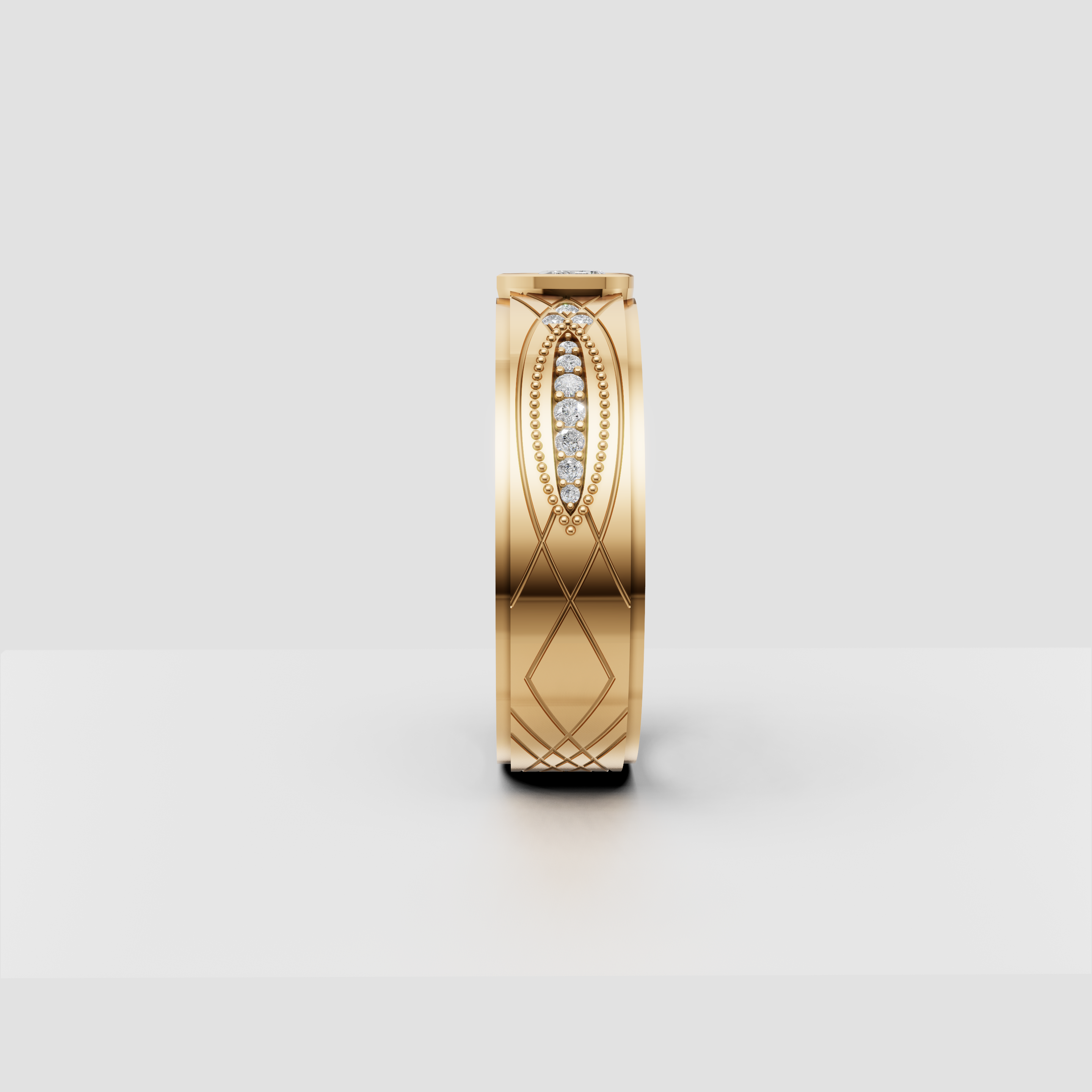 Design rendering of the 18K yellow gold men's wedding band showing the crossover lattice set with lab-grown diamonds