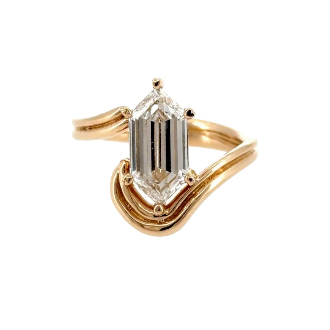 2.04 carat lab-grown elongated hexagon step-cut diamond in a freeform bypass engagement ring, 14K yellow gold, front view
