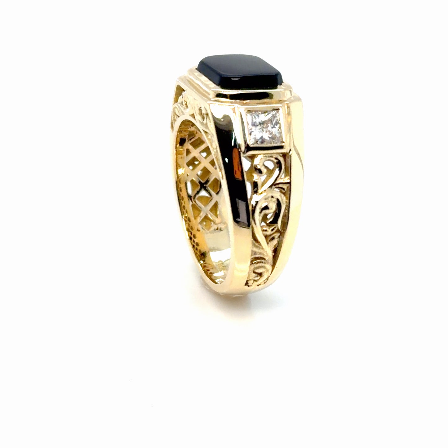 Printed model of a men's 18K yellow gold ring with a black onyx center and princess-cut diamond accents, Farsi Jewelers