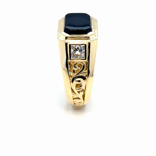 Load image 1 in gallery view. Top view of the printed model for a men's 18K yellow gold onyx and princess-cut diamond ring, Farsi Jewelers