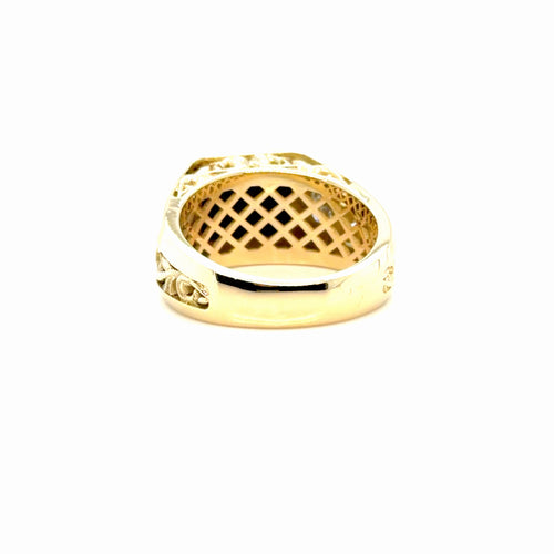 Load image 1 in gallery view. Side view of the printed model for a men's 18K yellow gold onyx and princess-cut diamond ring showing the scrollwork shoulder, Farsi Jewelers