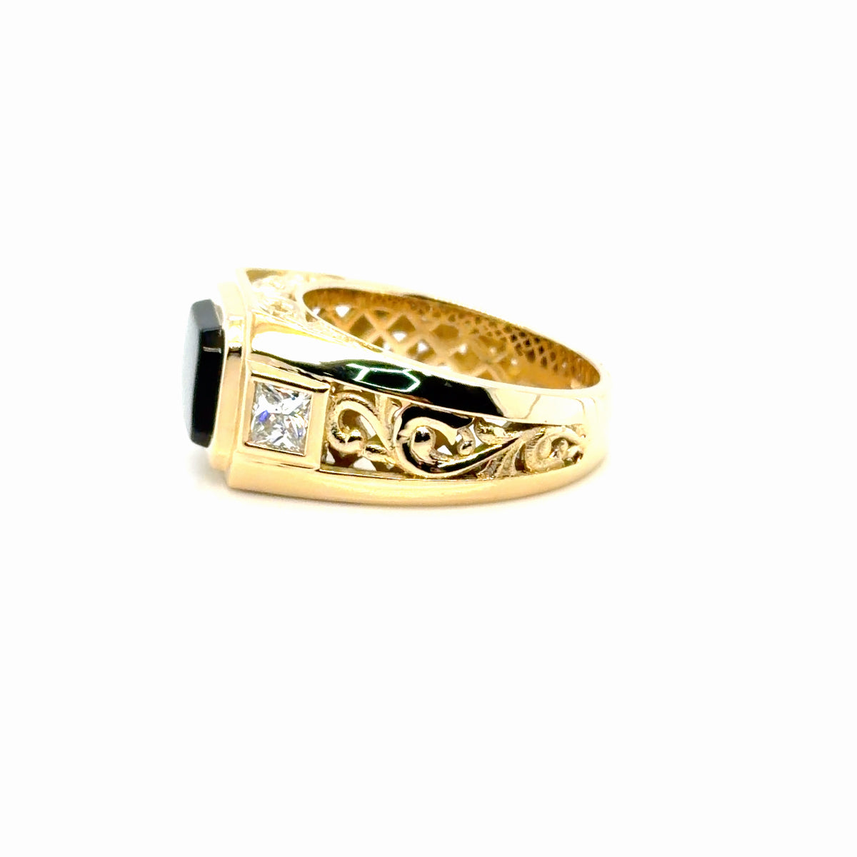 Side view of the printed model for a men's 18K yellow gold onyx and princess-cut diamond ring showing the 18K hallmark, Farsi Jewelers