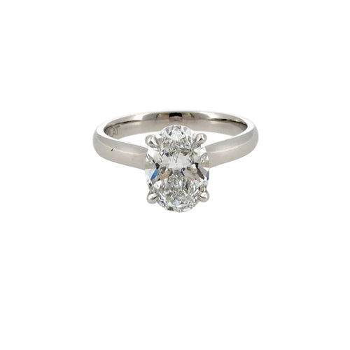 Load image 1 in gallery view. 2.44 carat oval lab-grown diamond cathedral solitaire engagement ring in platinum, front view