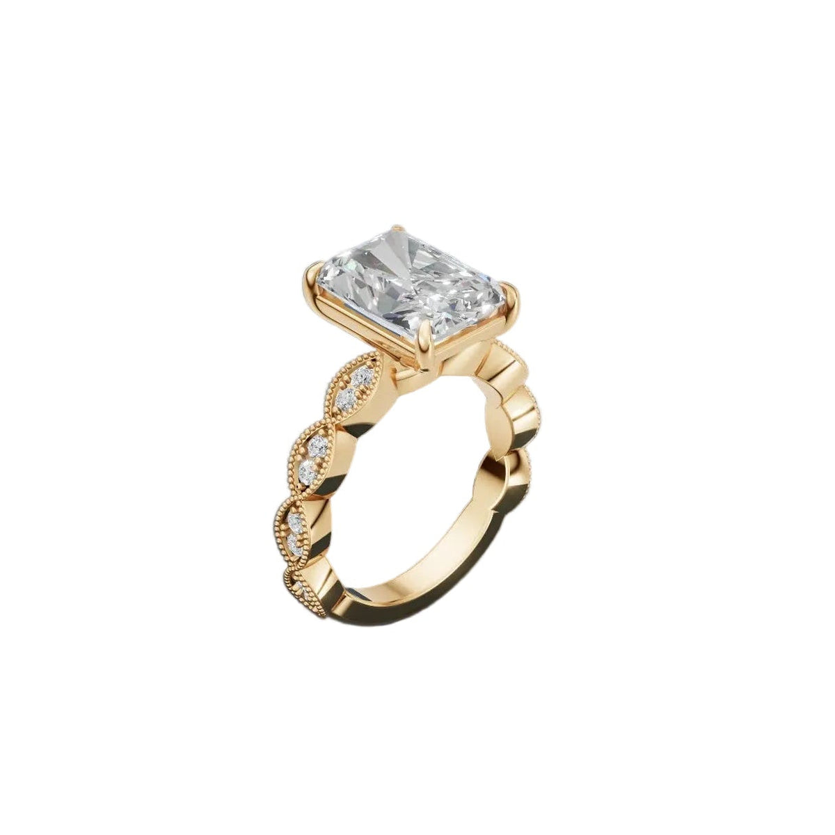 Custom 14K yellow gold radiant-cut lab-grown diamond engagement ring on a milgrain diamond band, render