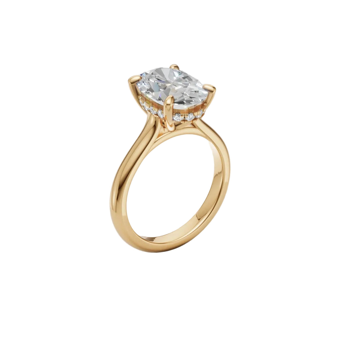Oval hidden halo cathedral solitaire engagement ring setting in 14K yellow gold, render
