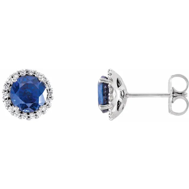 Gemstone Jewelry Sapphire Stud Earrings - 14K White Halo Diamond