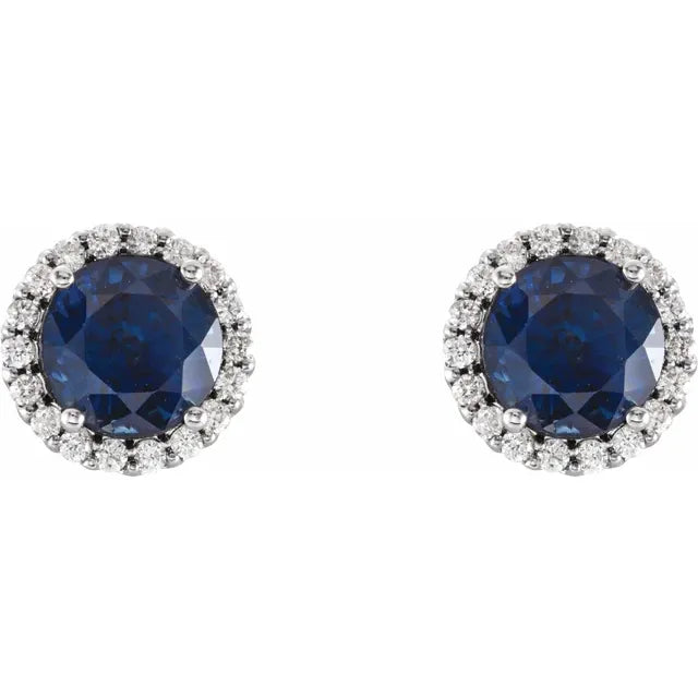 Gemstone Jewelry Sapphire Stud Earrings - 14K White Halo Diamond