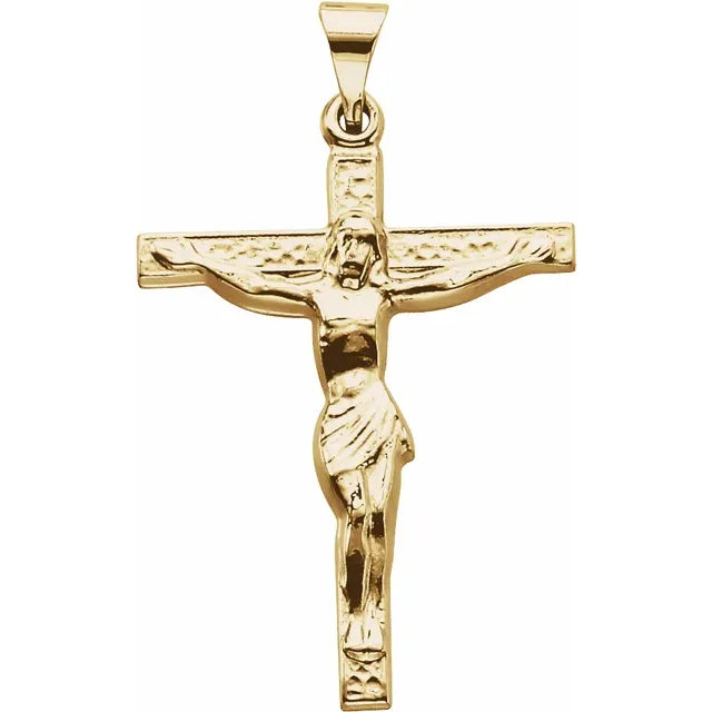 18K yellow gold crucifix pendant with a textured cross and polished figure, about 24.5 x 19.2 mm