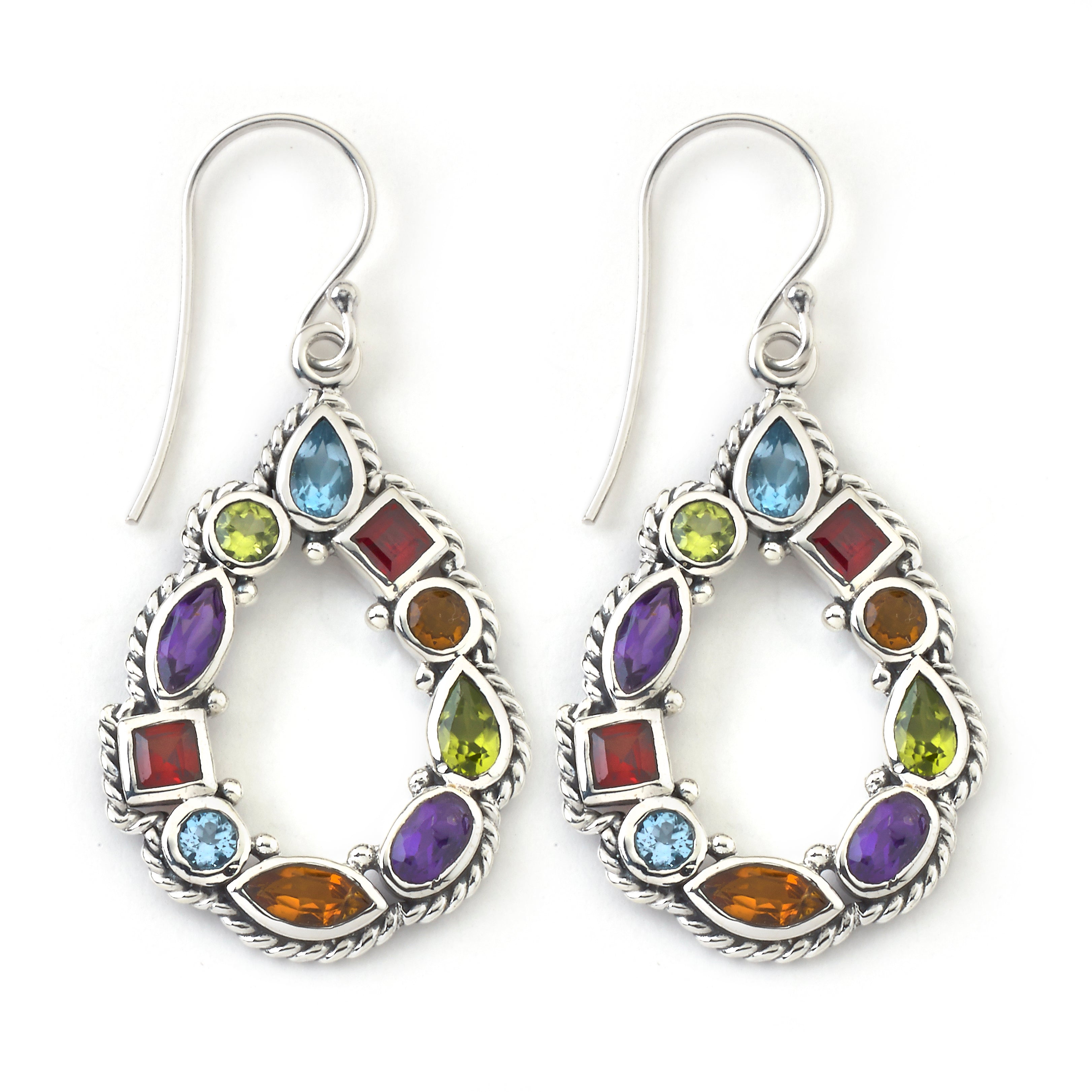 Silver Jewelry Sterling Silver Bezel-Set Multi-Gemstone Dangle Earrings