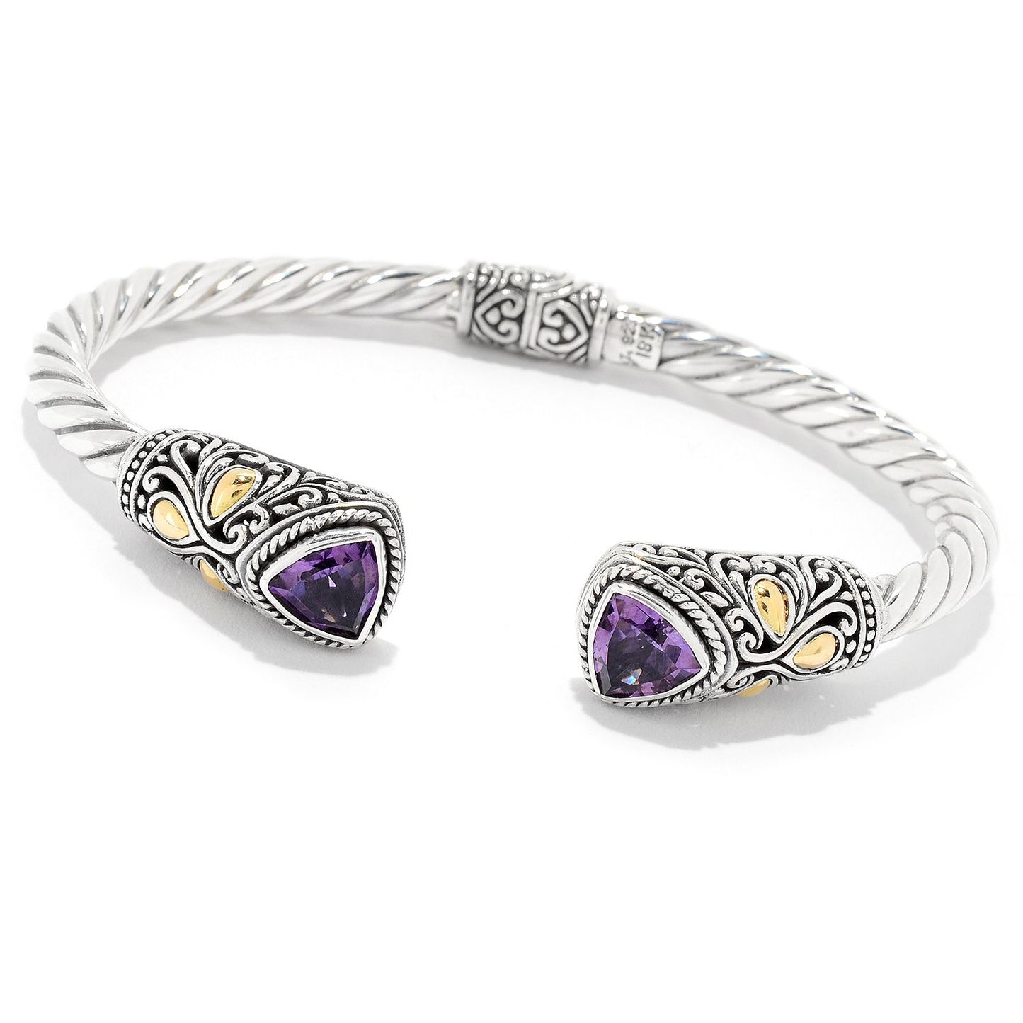 Silver Jewelry Sterling Silver & 18K Gold Trillion Amethyst Hinged Bangle
