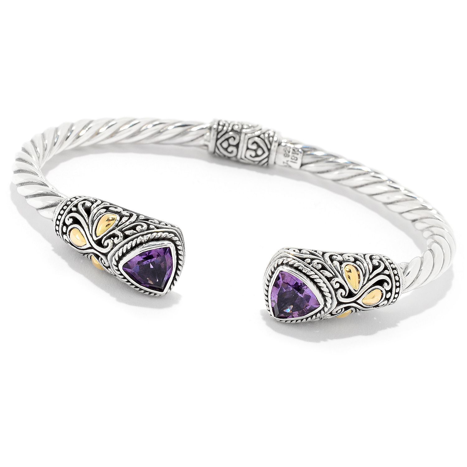 Silver Jewelry Sterling Silver & 18K Gold Trillion Amethyst Hinged Bangle