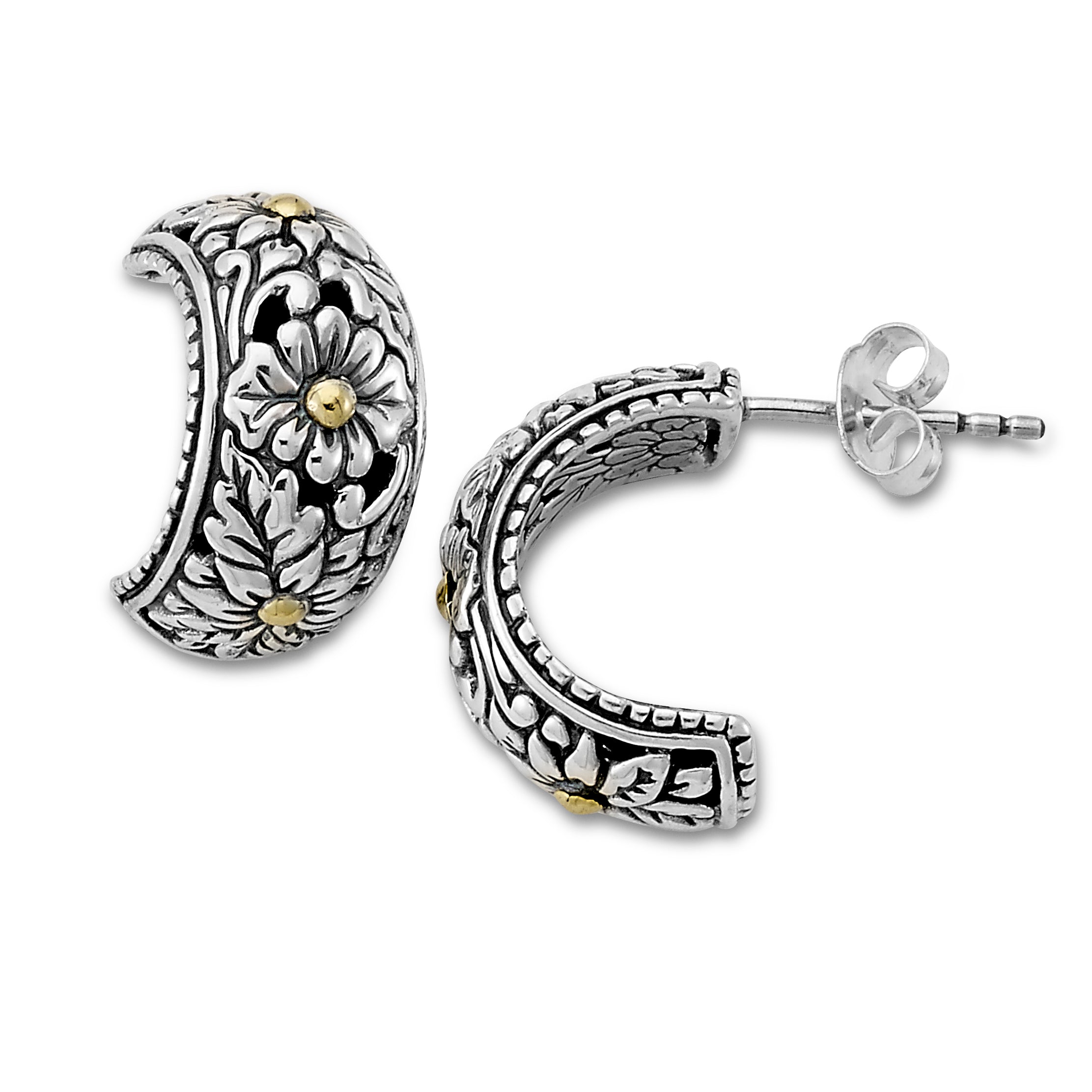 Silver Jewelry Sterling Silver & 18K Gold Floral Hoop Earrings — Bali Privé