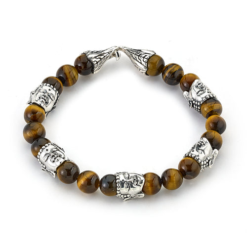 Load image 1 in gallery view. Men's Jewelry Silver Tiger Eye Beaded Buddha Bracelet