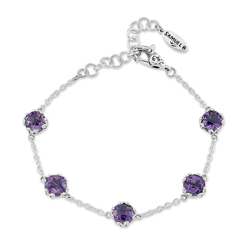 Load image 1 in gallery view. Birthday Collection Sterling Silver 7mm Round Amethyst Station Bracelet