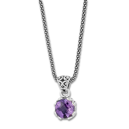 Load image 1 in gallery view. Birthday Collection Sterling Silver 7mm Round Amethyst Pendant on Popcorn Chain