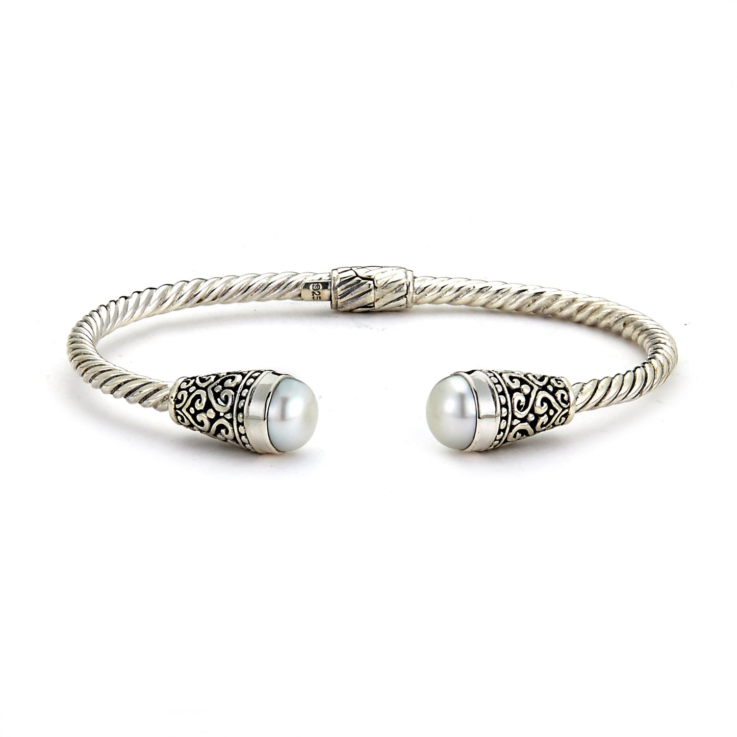 Silver Jewelry Sterling Silver 3mm Twisted Cable Bangle with Freshwater Pearl