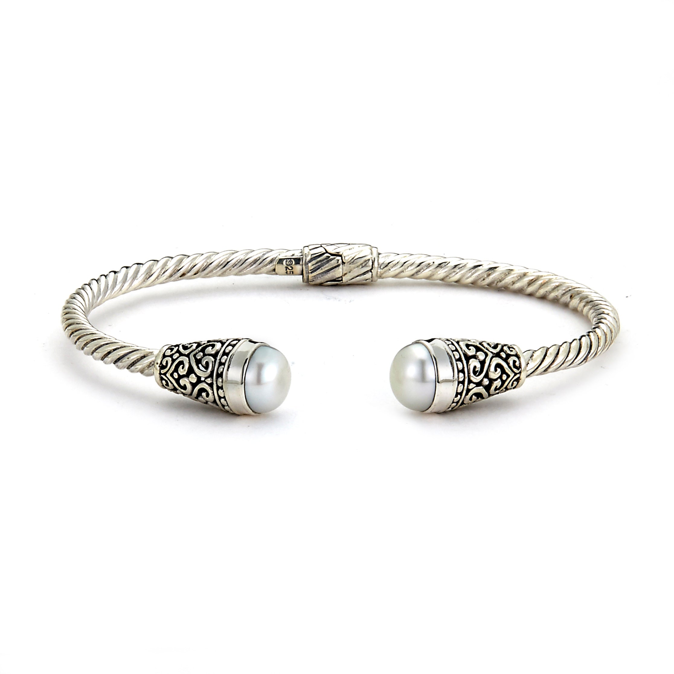 Silver Jewelry Sterling Silver 3mm Twisted Cable Bangle with Freshwater Pearl