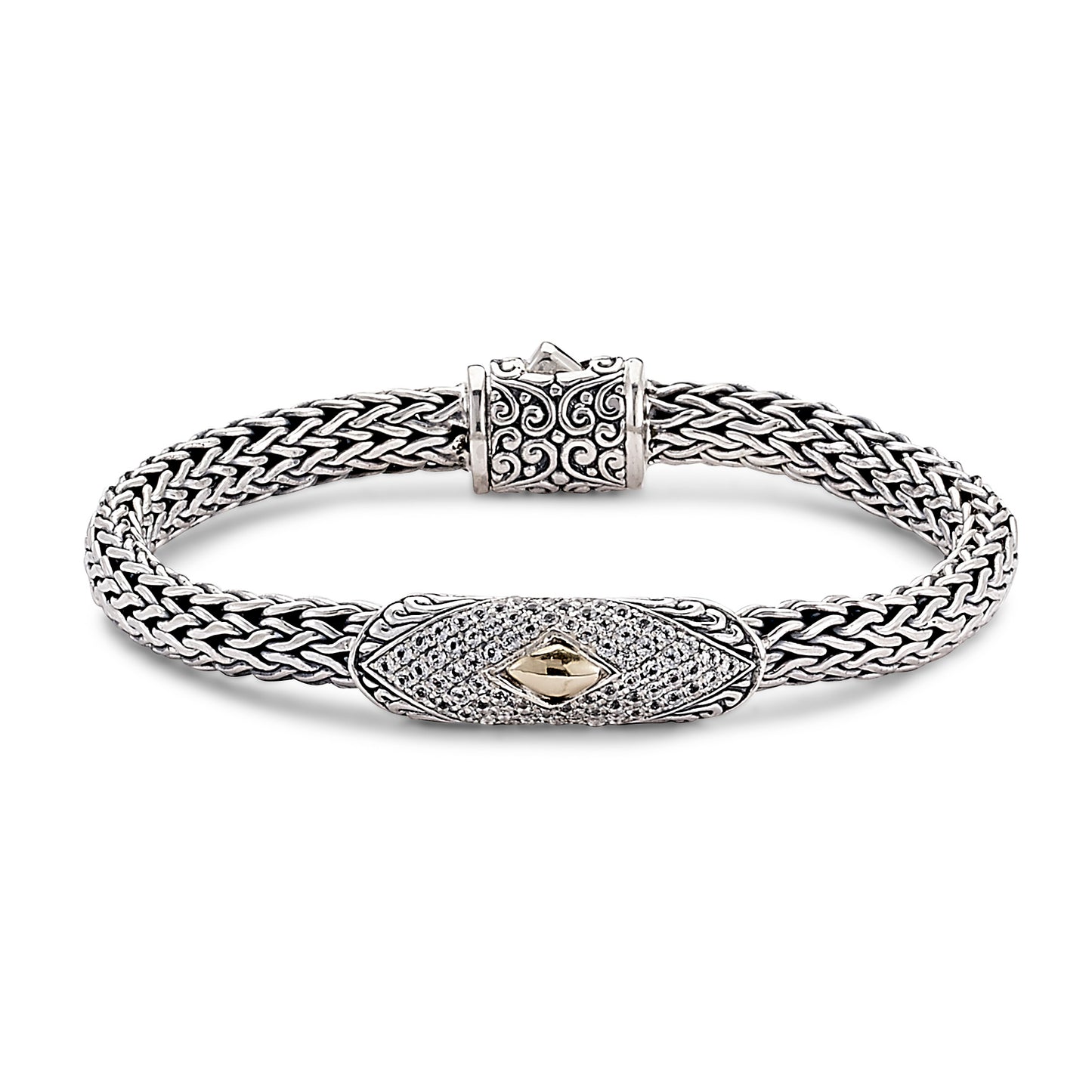 Silver Jewelry Sterling Silver & 18K Gold Woven Chain Bracelet with Pavé White Topaz — Royal Bali