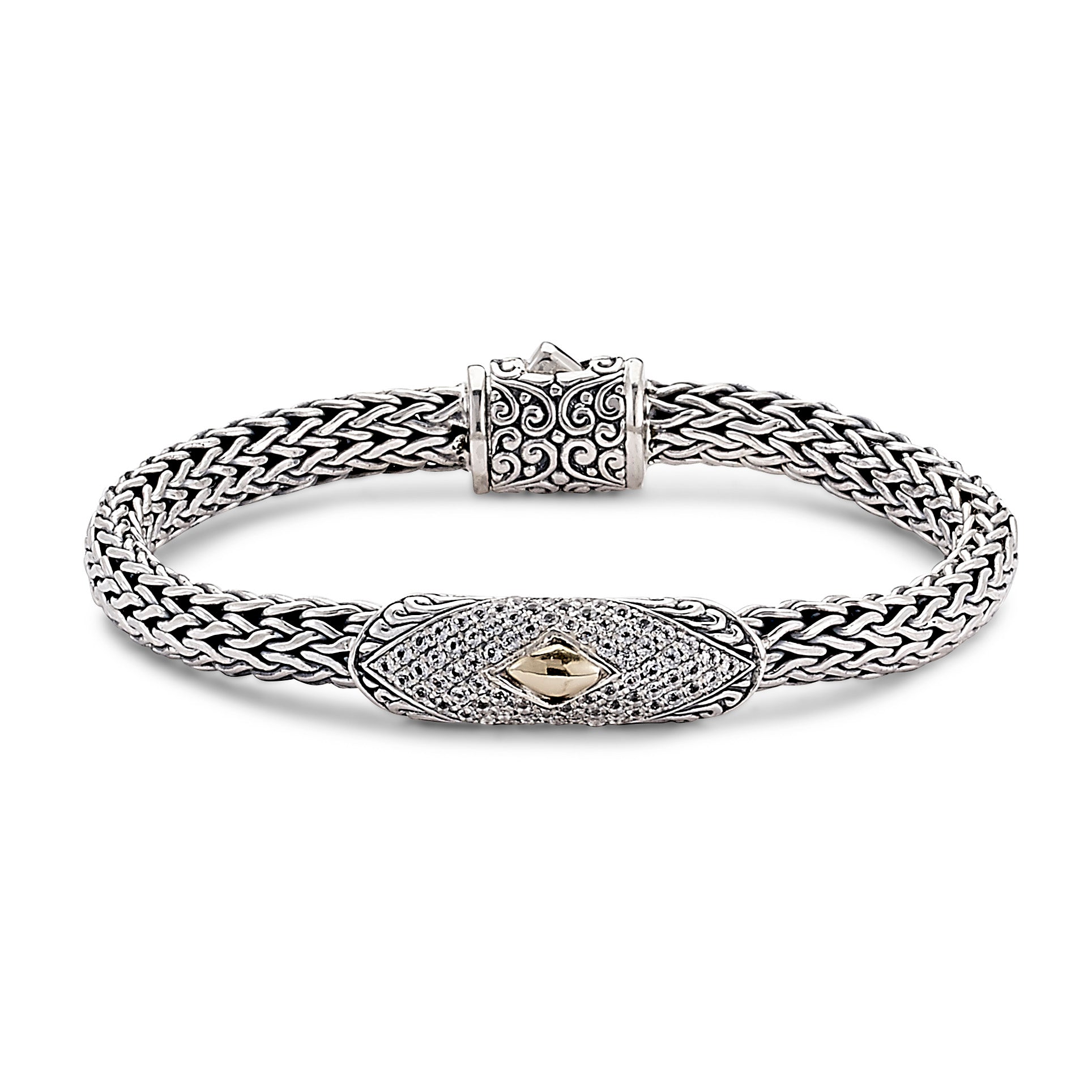 Silver Jewelry Sterling Silver & 18K Gold Woven Chain Bracelet with Pavé White Topaz — Royal Bali