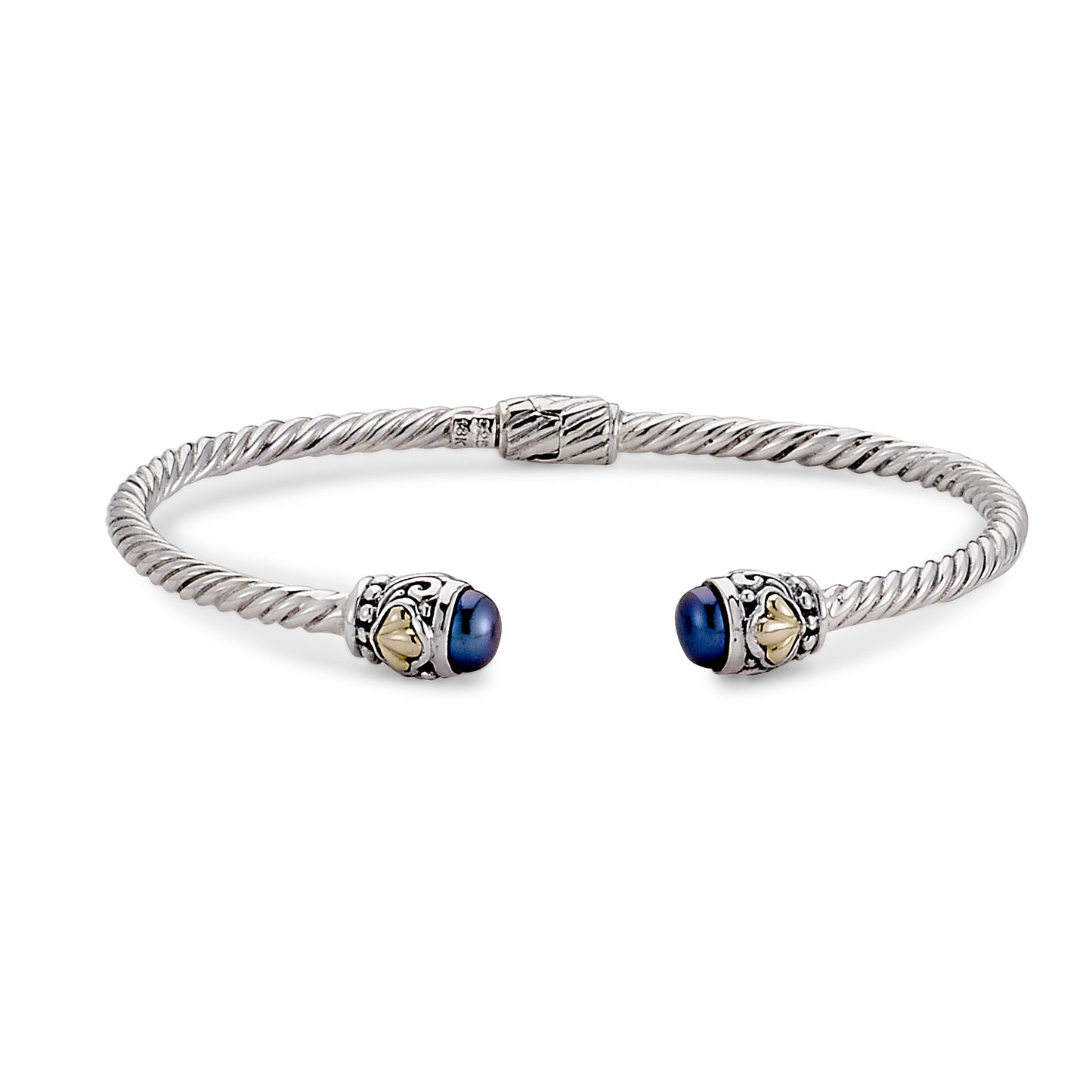 Silver Jewelry Sterling Silver & 18K Gold 3mm Twisted Cable Bangle with Blue Pearl