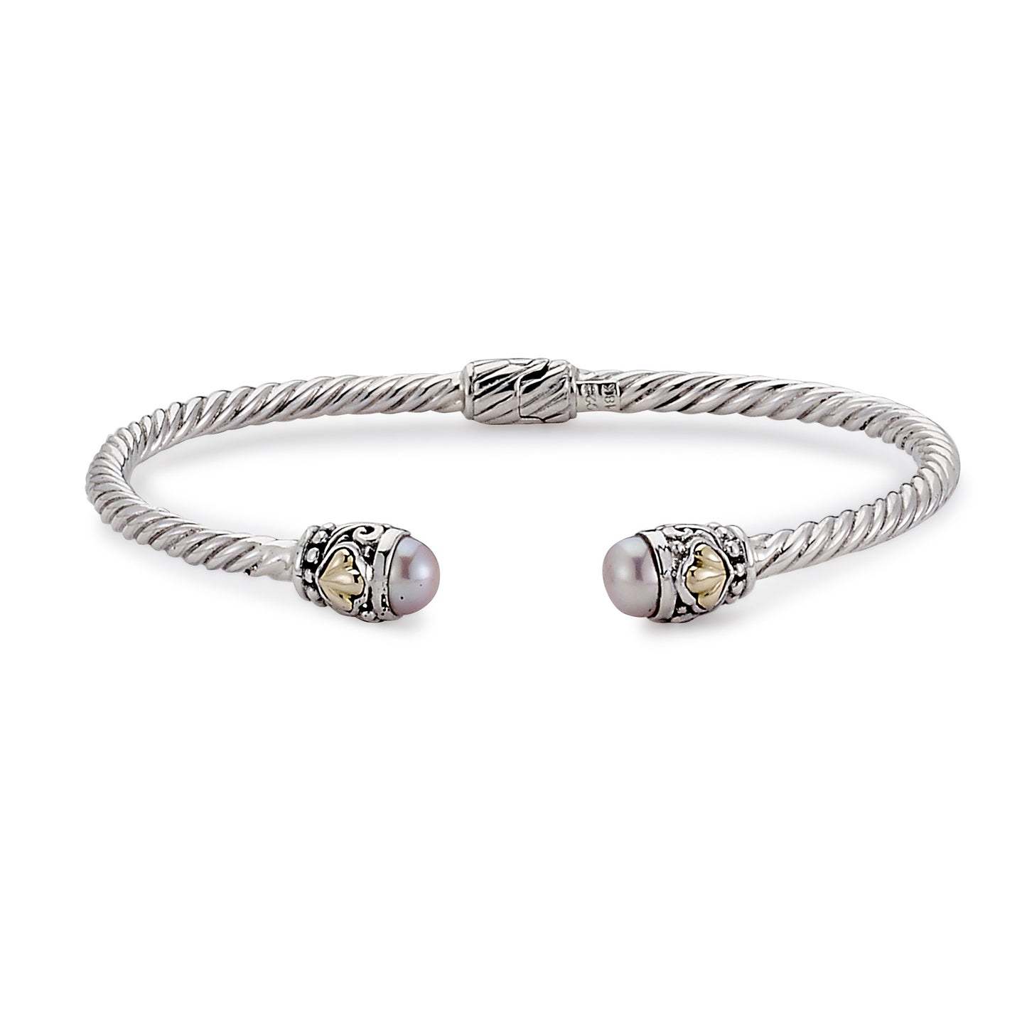 Silver Jewelry Sterling Silver & 18K Gold 3mm Twisted Bangle with Pink Pearl