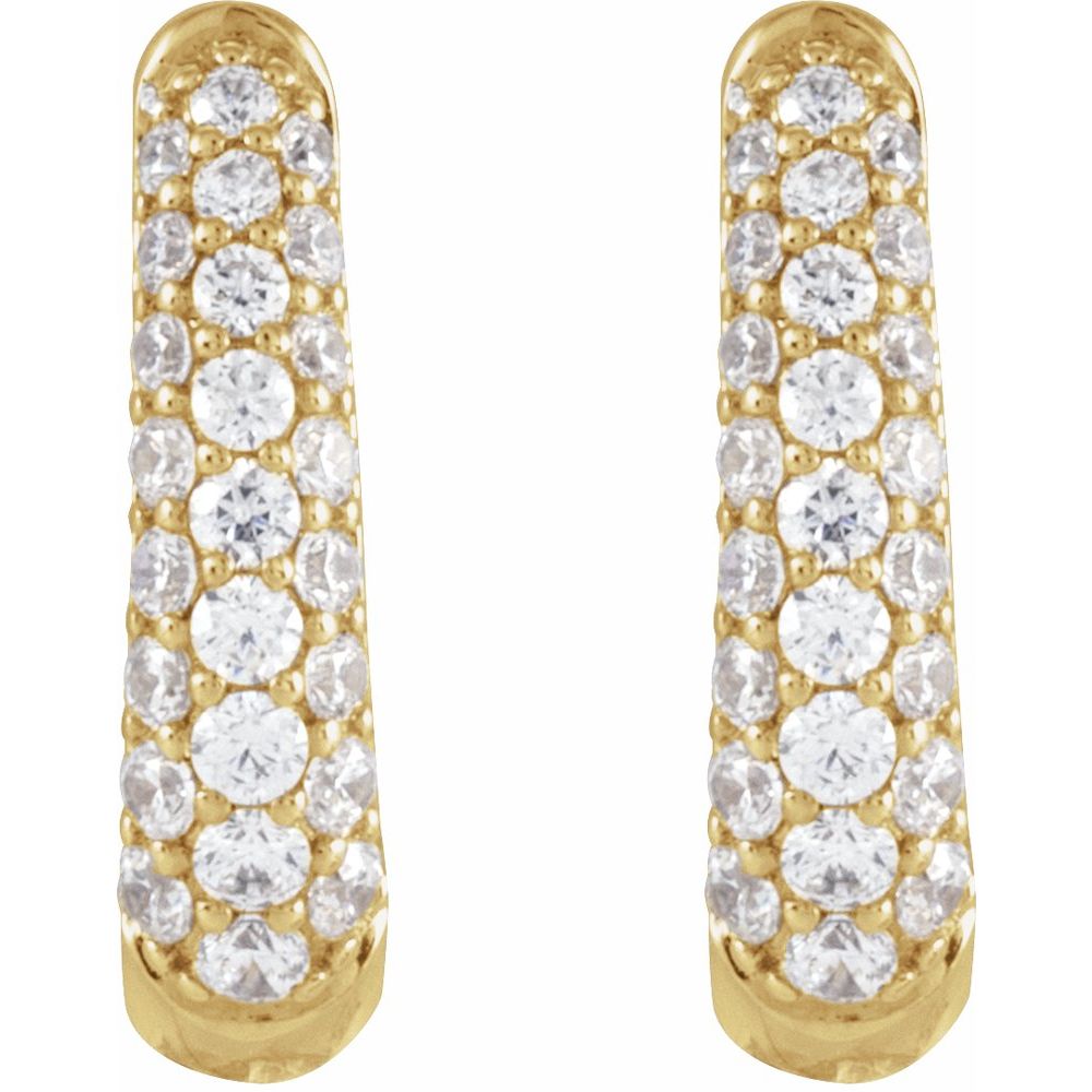 Close-up of the two yellow gold hoops showing the pavé rows of round diamonds across the front