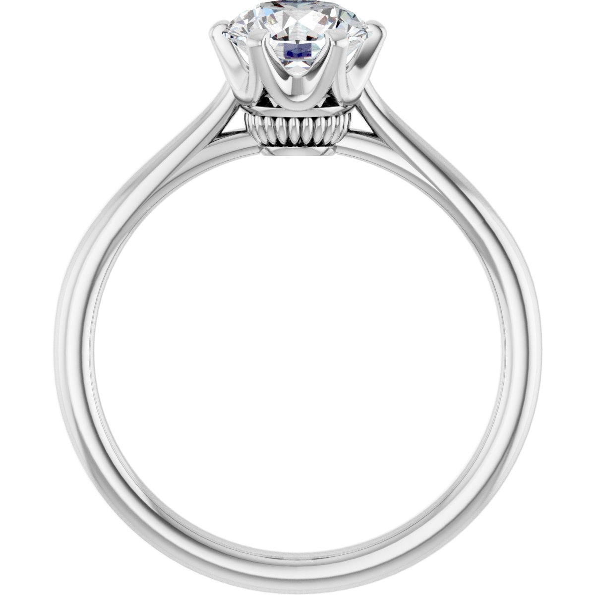 Side profile of the 10K white gold moissanite solitaire, showing the six prongs and the beaded gallery under the center stone