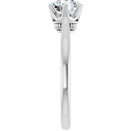 Load image 1 in gallery view. Front view of the 10K white gold moissanite solitaire, showing how narrow the band reads beneath the crown head