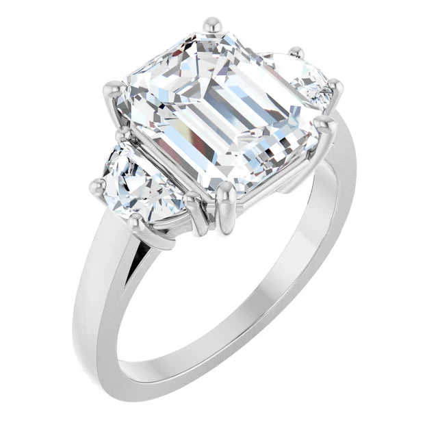Three-Stone Emerald Cut Engagement Ring with Half Moon Side Stones