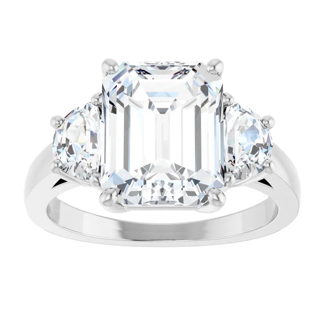Three-Stone Emerald Cut Engagement Ring with Half Moon Side Stones