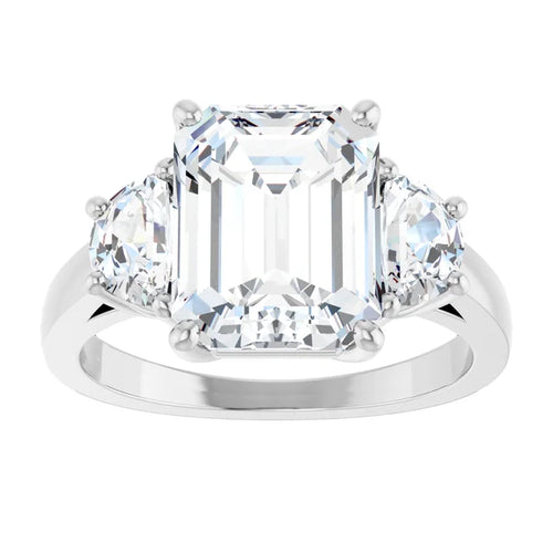 Load image 1 in gallery view. Three-Stone Emerald Cut Engagement Ring with Half Moon Side Stones