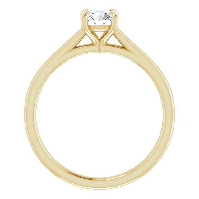 Front elevation of the 14K yellow gold solitaire, the round lab-grown diamond held in four prongs above a plain polished band