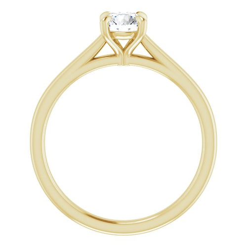 Load image 1 in gallery view. Front elevation of the 14K yellow gold solitaire, the round lab-grown diamond held in four prongs above a plain polished band