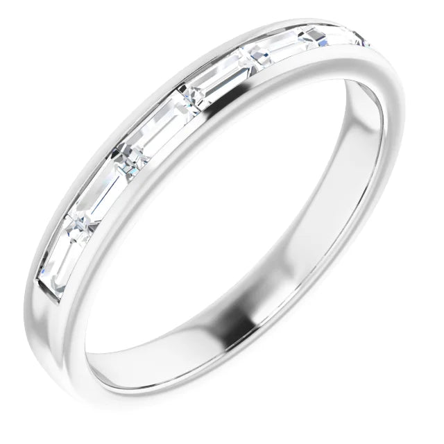 14K white gold wedding band with straight baguette diamonds channel-set in a row across the top, three-quarter view