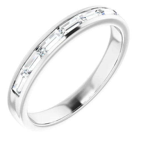 Load image 1 in gallery view. 14K white gold wedding band with straight baguette diamonds channel-set in a row across the top, three-quarter view
