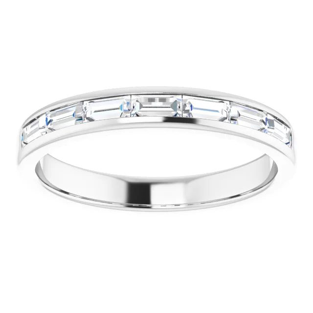 Front view of the 14K white gold band, baguette diamonds running in a continuous line across the top