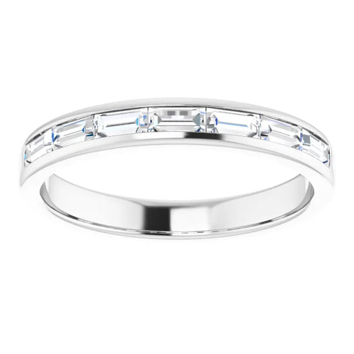 Load image 1 in gallery view. Front view of the 14K white gold band, baguette diamonds running in a continuous line across the top