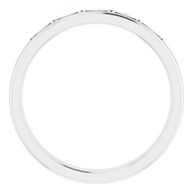 Through view of the baguette wedding band showing the plain polished shank behind the stones