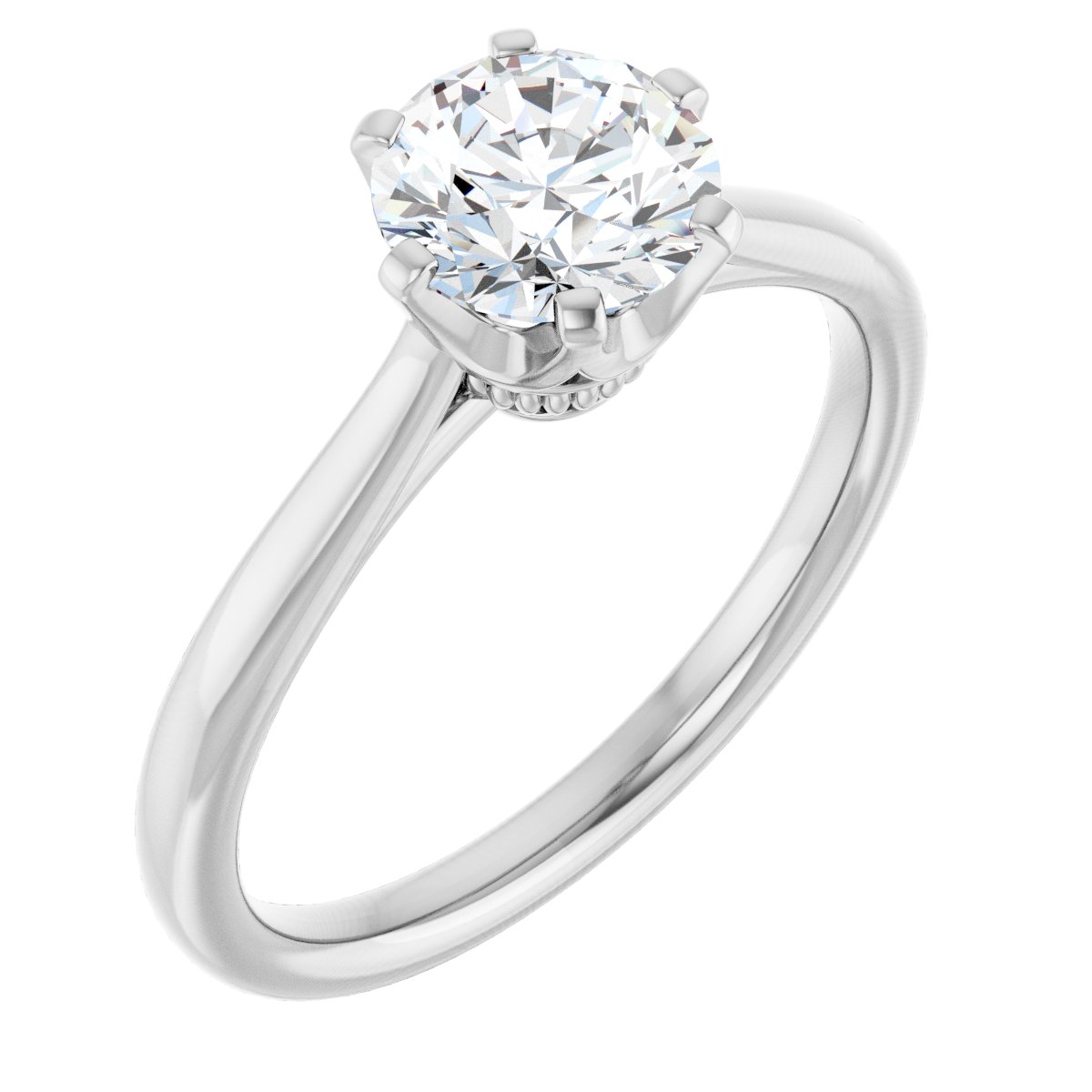 10K white gold round moissanite solitaire ring at a three-quarter angle, showing the six-prong crown head and the slim tapered band
