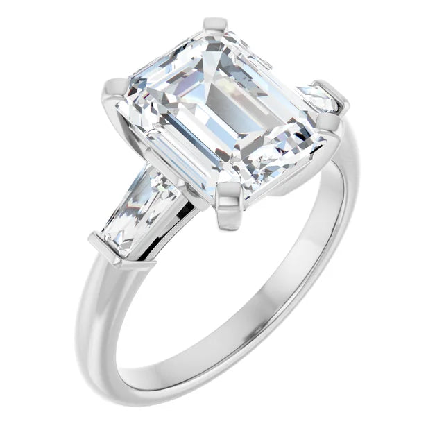 Engagement Rings 14K White Gold Three-Stone Engagement Ring — 3.5ct Emerald Cut Center w/ Baguettes