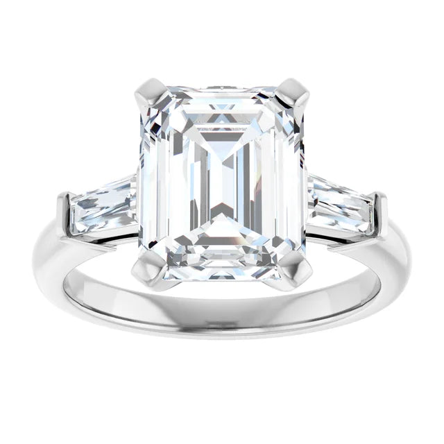 Engagement Rings 14K White Gold Three-Stone Engagement Ring — 3.5ct Emerald Cut Center w/ Baguettes