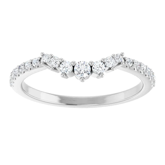 Face-on view of the 14K white gold contour wedding band, the diamond row angled into a shallow V with the three largest stones meeting at the point