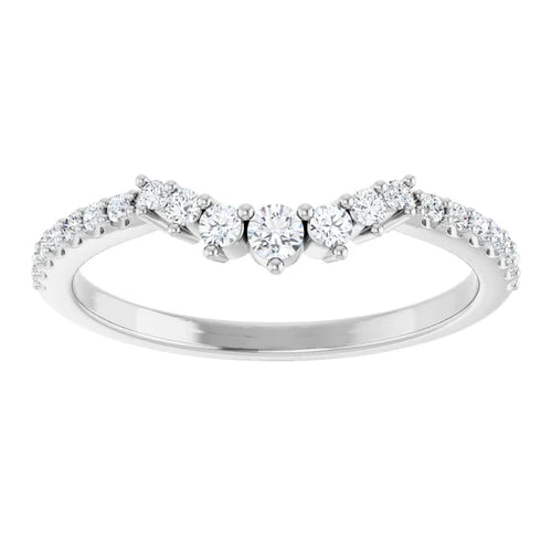 Load image 1 in gallery view. Face-on view of the 14K white gold contour wedding band, the diamond row angled into a shallow V with the three largest stones meeting at the point