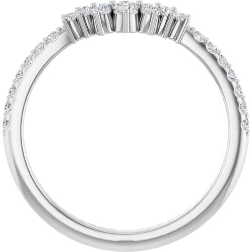 Load image 1 in gallery view. The 14K white gold contour band seen through the finger opening, showing the V of larger prong-set diamonds across the top and the smaller graduated rounds running down each side