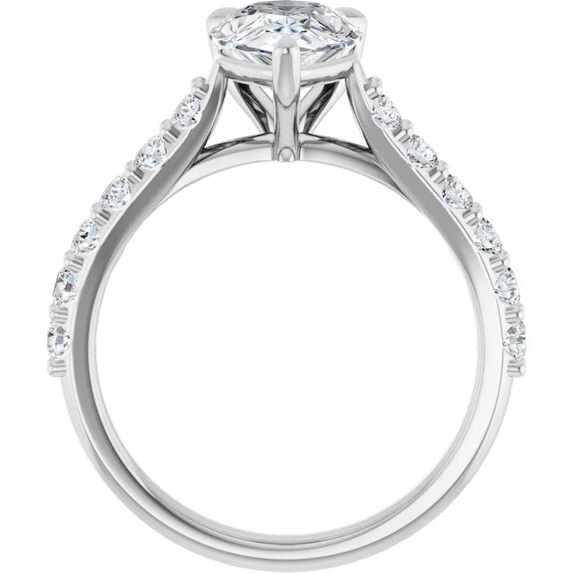 Front elevation of the 14K white gold pear engagement ring, showing the split shoulders rising into the setting and accent diamonds along each side of the band