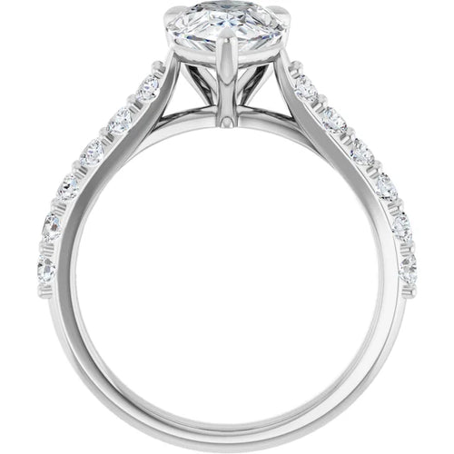 Load image 1 in gallery view. Front elevation of the 14K white gold pear engagement ring, showing the split shoulders rising into the setting and accent diamonds along each side of the band