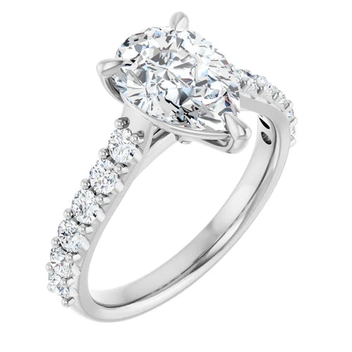 Load image 1 in gallery view. 14K white gold pear-shape engagement ring at a three-quarter angle, the pear-shape lab-grown diamond held in five prongs with round accent diamonds running down both shoulders of the band