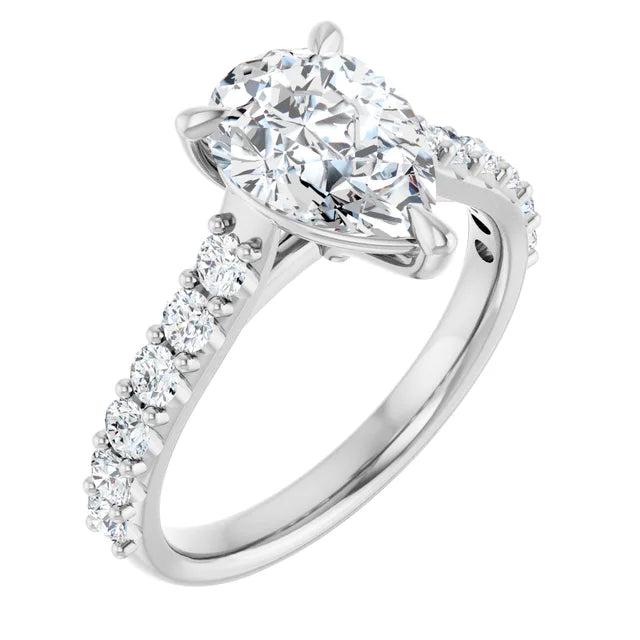 14K white gold pear-shape engagement ring at a three-quarter angle, the pear-shape lab-grown diamond held in five prongs with round accent diamonds running down both shoulders of the band